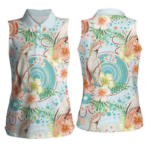 Australia Pink Cockatoo Aboriginal Art Women Sleeveless Polo Shirt Tropical Hibiscus Floral Style