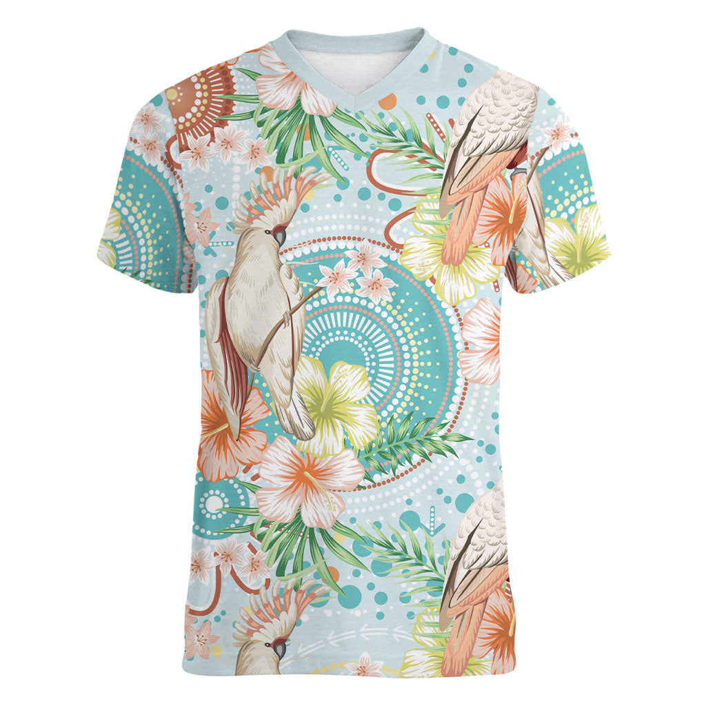 Australia Pink Cockatoo Aboriginal Art Women V-Neck T-Shirt Tropical Hibiscus Floral Style