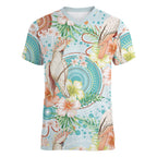 Australia Pink Cockatoo Aboriginal Art Women V-Neck T-Shirt Tropical Hibiscus Floral Style