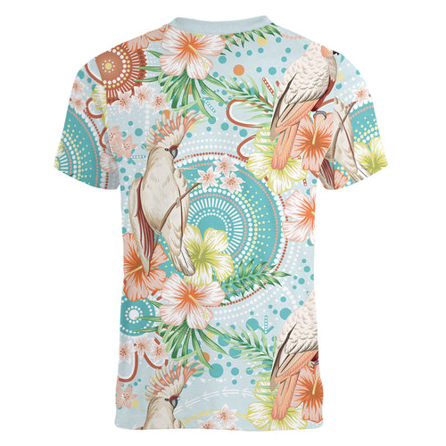 Australia Pink Cockatoo Aboriginal Art Women V-Neck T-Shirt Tropical Hibiscus Floral Style