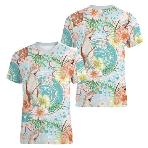 Australia Pink Cockatoo Aboriginal Art Women V-Neck T-Shirt Tropical Hibiscus Floral Style