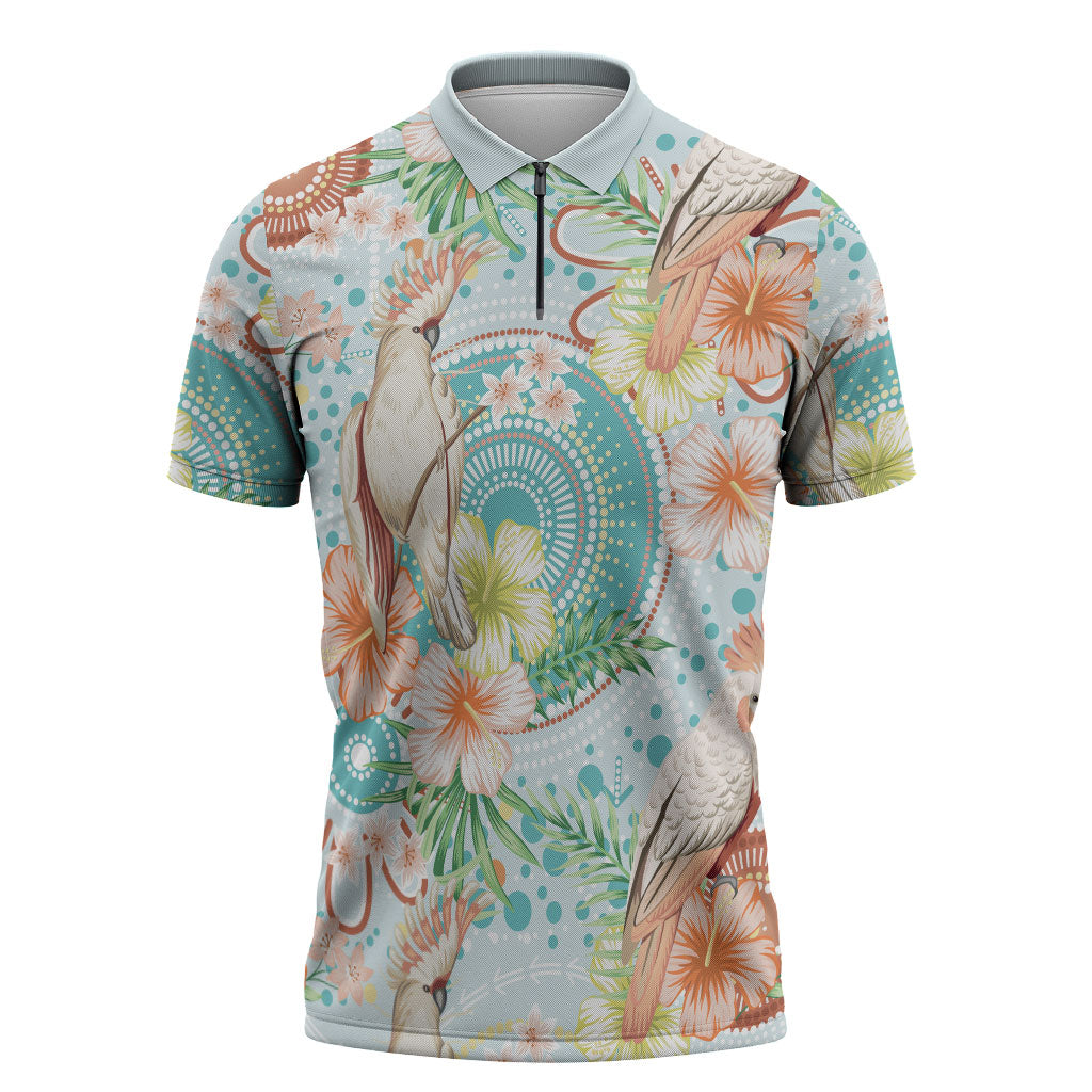 Australia Pink Cockatoo Aboriginal Art Zipper Polo Shirt Tropical Hibiscus Floral Style