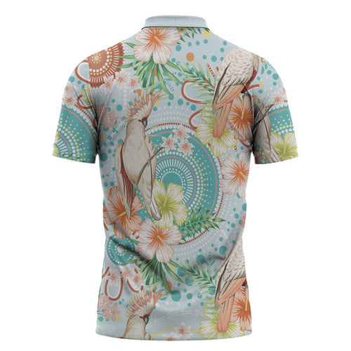 Australia Pink Cockatoo Aboriginal Art Zipper Polo Shirt Tropical Hibiscus Floral Style