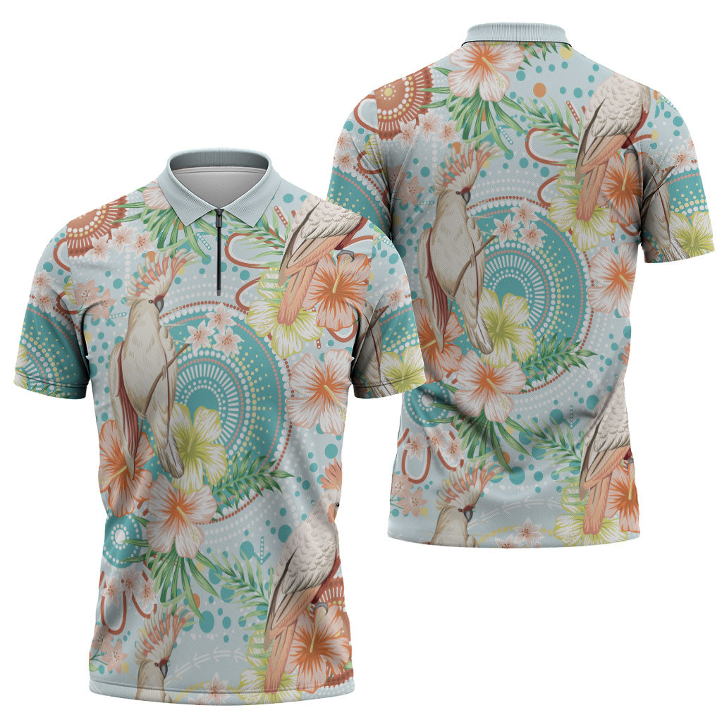 Australia Pink Cockatoo Aboriginal Art Zipper Polo Shirt Tropical Hibiscus Floral Style