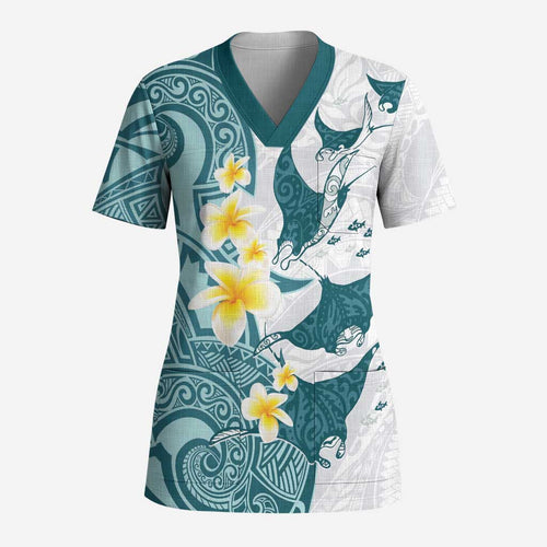 Maori Manta Ray Plumeria Teal Scrub Top - Aussie Hoodie
