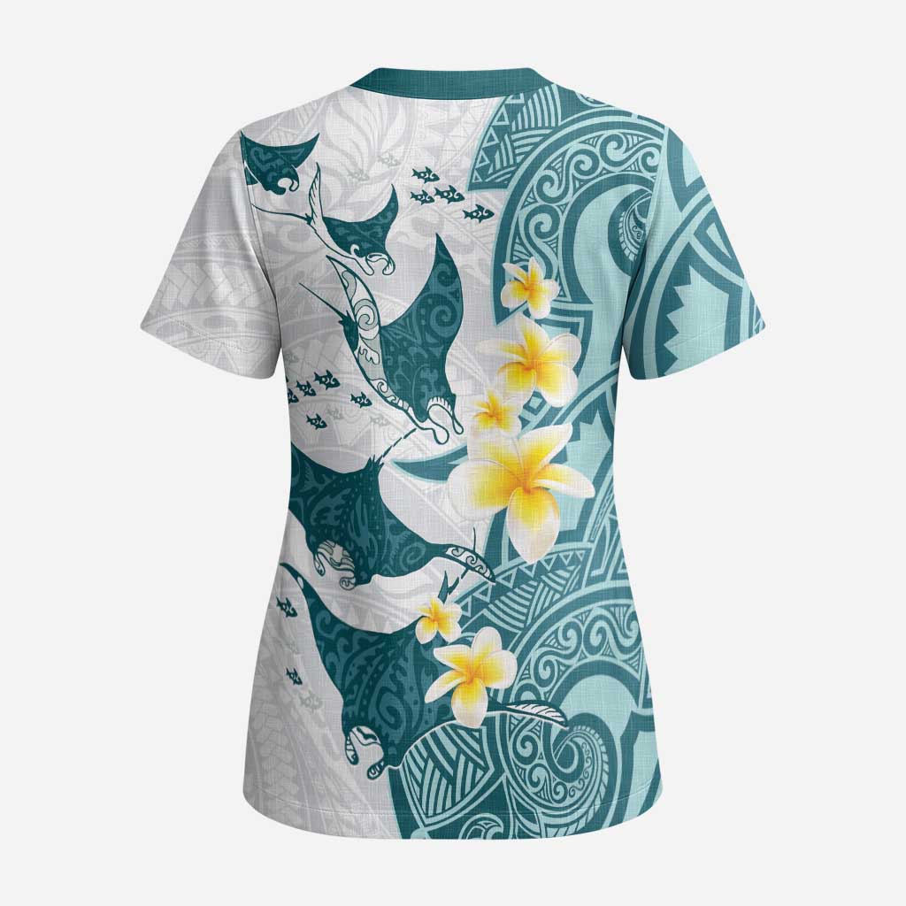 Maori Manta Ray Plumeria Teal Scrub Top - Aussie Hoodie