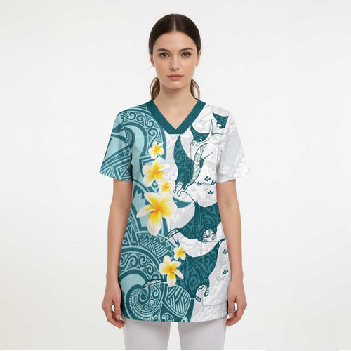 Maori Manta Ray Plumeria Teal Scrub Top - Aussie Hoodie