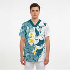 Maori Manta Ray Plumeria Teal Scrub Top - Aussie Hoodie