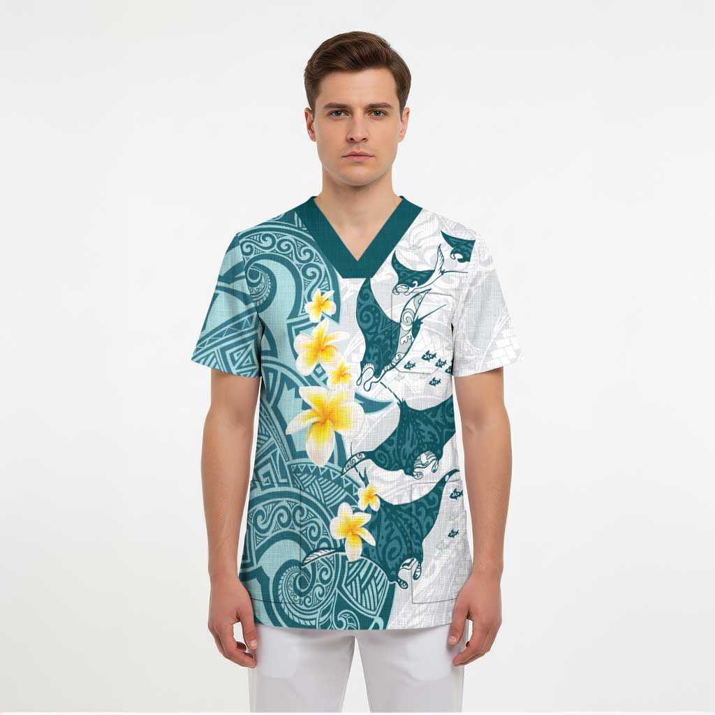 Maori Manta Ray Plumeria Teal Scrub Top - Aussie Hoodie