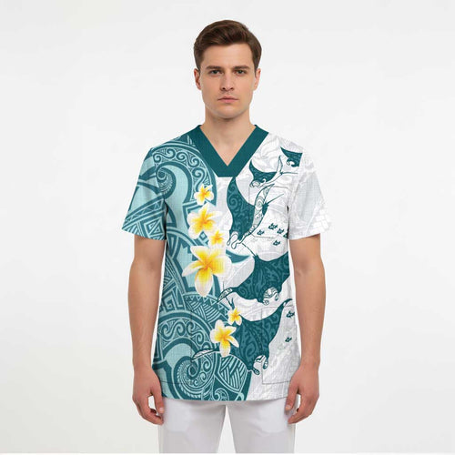Maori Manta Ray Plumeria Teal Scrub Top - Aussie Hoodie