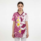 Maori Manta Ray Plumeria Royal Pink Scrub Top - Aussie Hoodie