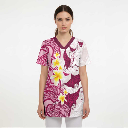Maori Manta Ray Plumeria Royal Pink Scrub Top - Aussie Hoodie