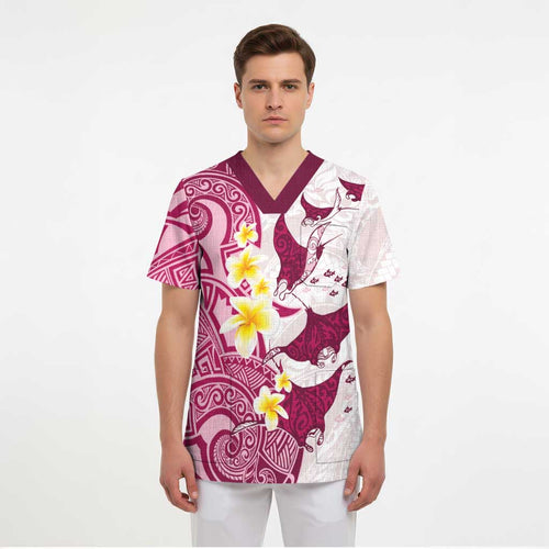 Maori Manta Ray Plumeria Royal Pink Scrub Top - Aussie Hoodie