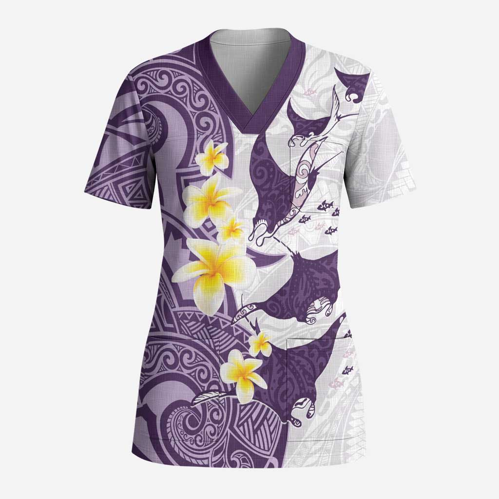 Maori Manta Ray Plumeria Deep Purple Scrub Top - Aussie Hoodie