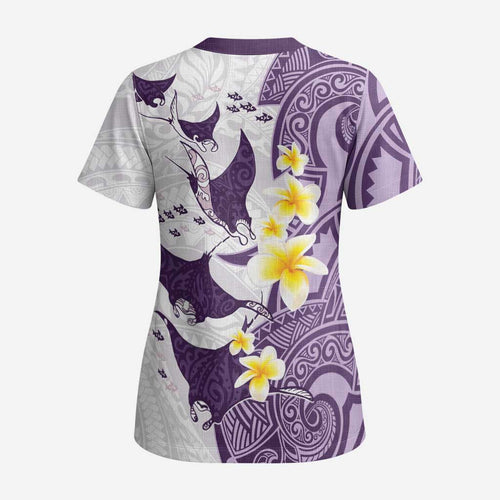 Maori Manta Ray Plumeria Deep Purple Scrub Top - Aussie Hoodie