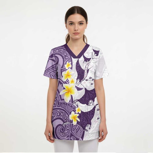 Maori Manta Ray Plumeria Deep Purple Scrub Top - Aussie Hoodie