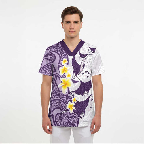 Maori Manta Ray Plumeria Deep Purple Scrub Top - Aussie Hoodie