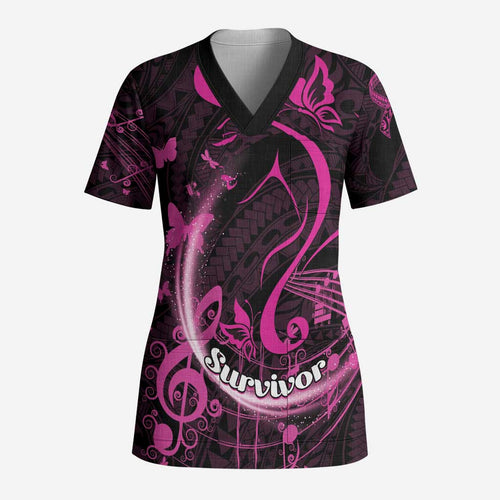 Personalised Survivor Melody Pink Scrub Top Breast Cancer Polynesian Pattern - Aussie Hoodie