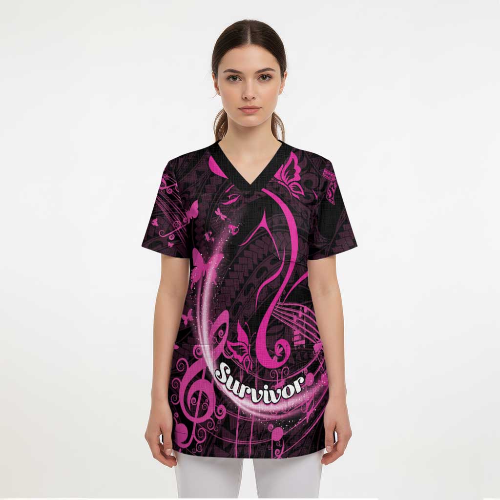 Personalised Survivor Melody Pink Scrub Top Breast Cancer Polynesian Pattern - Aussie Hoodie