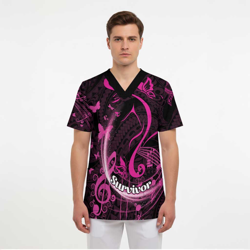 Personalised Survivor Melody Pink Scrub Top Breast Cancer Polynesian Pattern - Aussie Hoodie