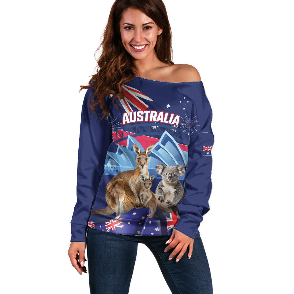 Personalised Australia Kangaroo Koala Off Shoulder Sweater Aussie Flag Inspired