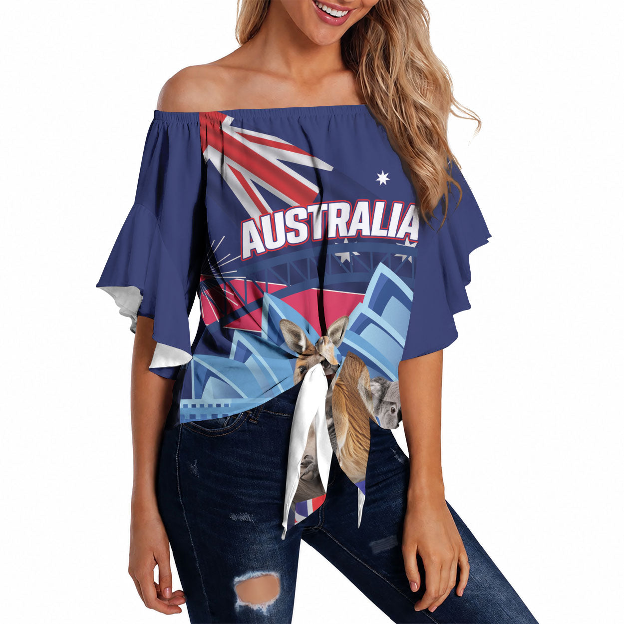 Personalised Australia Kangaroo Koala Off Shoulder Wrap Waist Top Aussie Flag Inspired