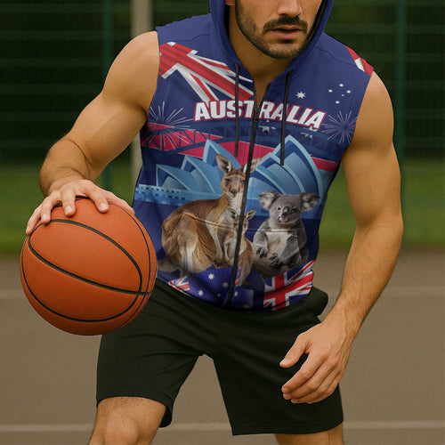 Personalised Australia Kangaroo Koala Sleeveless Zip Hoodie Aussie Flag Inspired