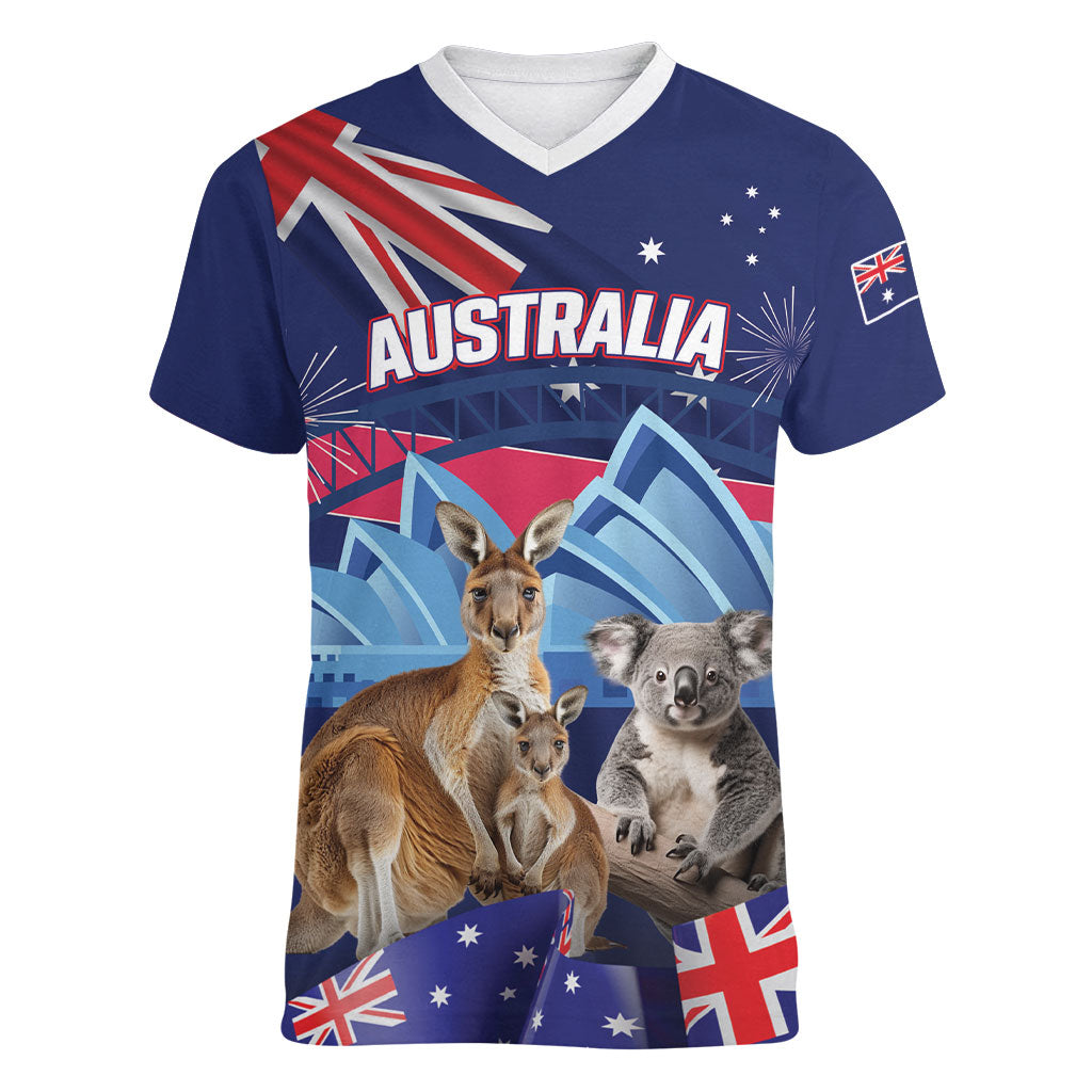 Personalised Australia Kangaroo Koala Women V-Neck T-Shirt Aussie Flag Inspired