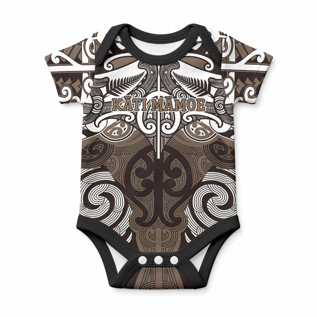 Personalised Maori Kati Mamoe Baby Onesie Silver Fern Kowhaiwhai Art