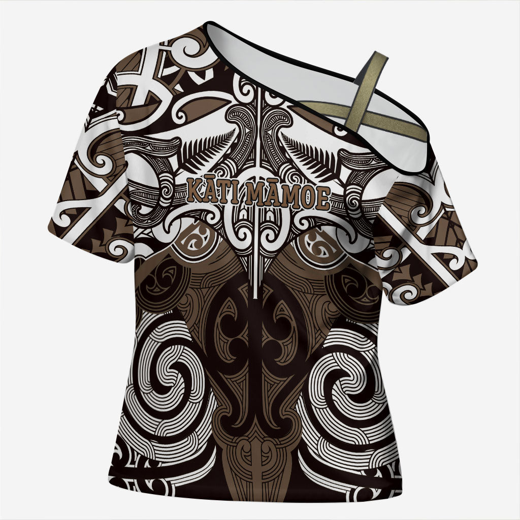 Personalised Maori Kati Mamoe Cross Shoulder Shirt Silver Fern Kowhaiwhai Art