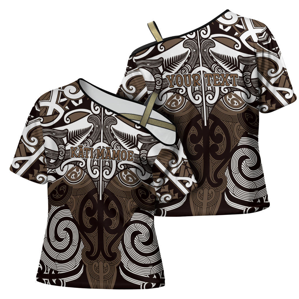 Personalised Maori Kati Mamoe Cross Shoulder Shirt Silver Fern Kowhaiwhai Art