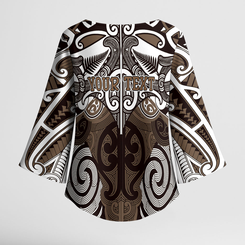 Personalised Maori Kati Mamoe Kimono Sleeve Blouse Silver Fern Kowhaiwhai Art
