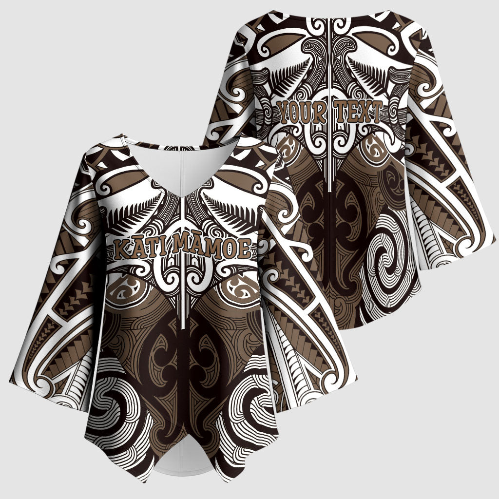 Personalised Maori Kati Mamoe Kimono Sleeve Blouse Silver Fern Kowhaiwhai Art