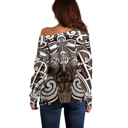 Personalised Maori Kati Mamoe Off Shoulder Sweater Silver Fern Kowhaiwhai Art