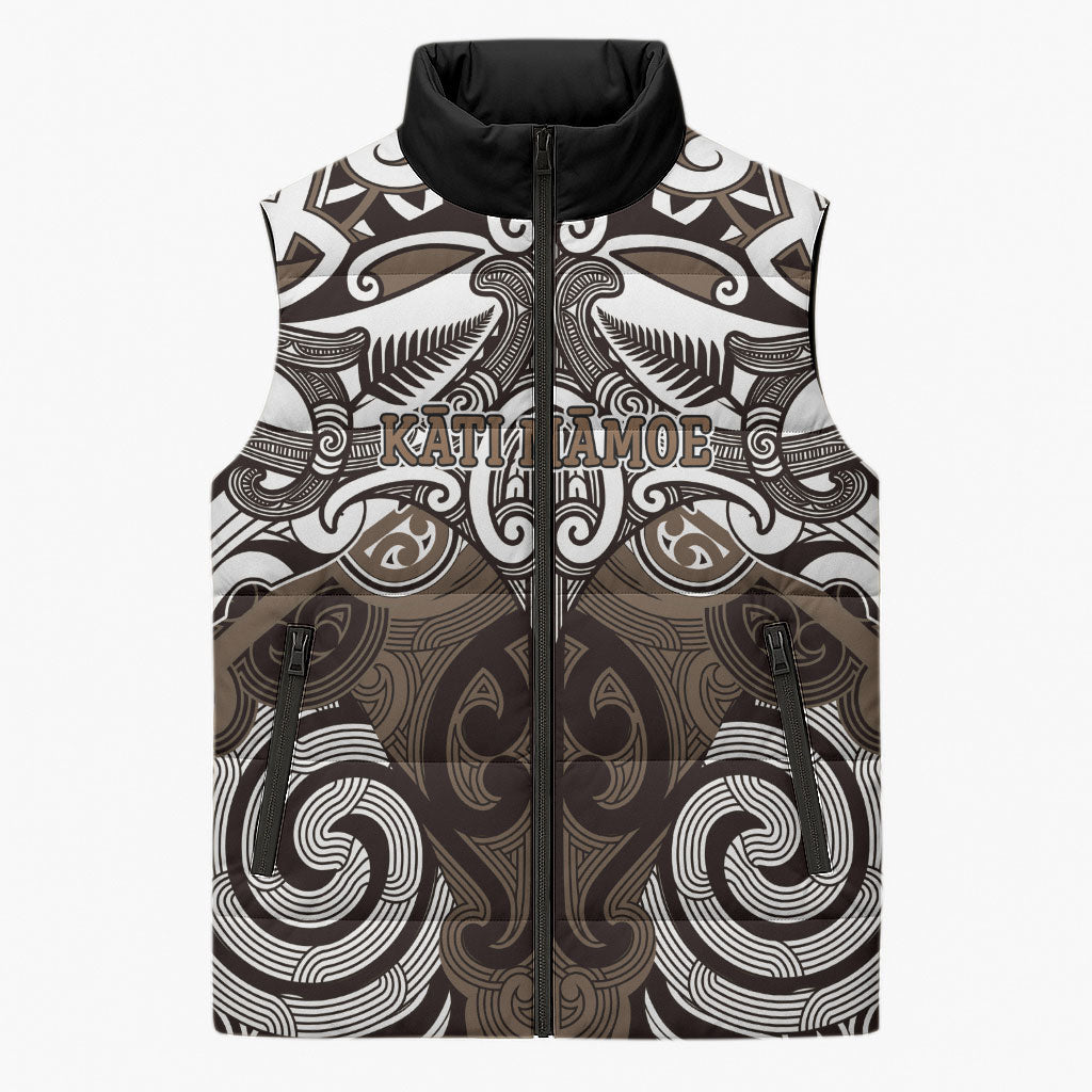 Personalised Maori Kati Mamoe Sleeveless Puffer Jacket Silver Fern Kowhaiwhai Art