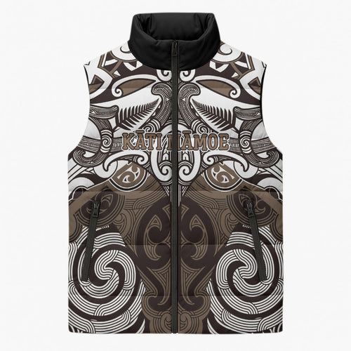 Personalised Maori Kati Mamoe Sleeveless Puffer Jacket Silver Fern Kowhaiwhai Art