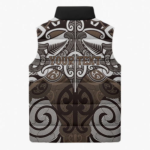 Personalised Maori Kati Mamoe Sleeveless Puffer Jacket Silver Fern Kowhaiwhai Art