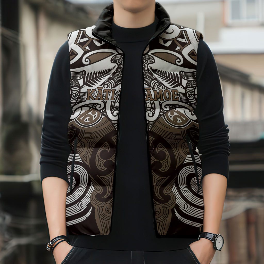 Personalised Maori Kati Mamoe Sleeveless Puffer Jacket Silver Fern Kowhaiwhai Art