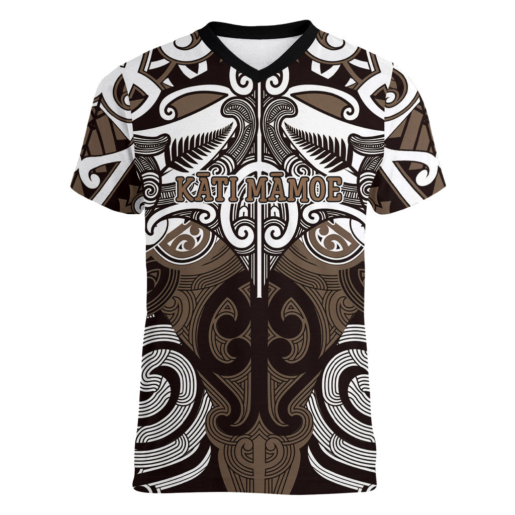 Personalised Maori Kati Mamoe Women V-Neck T-Shirt Silver Fern Kowhaiwhai Art