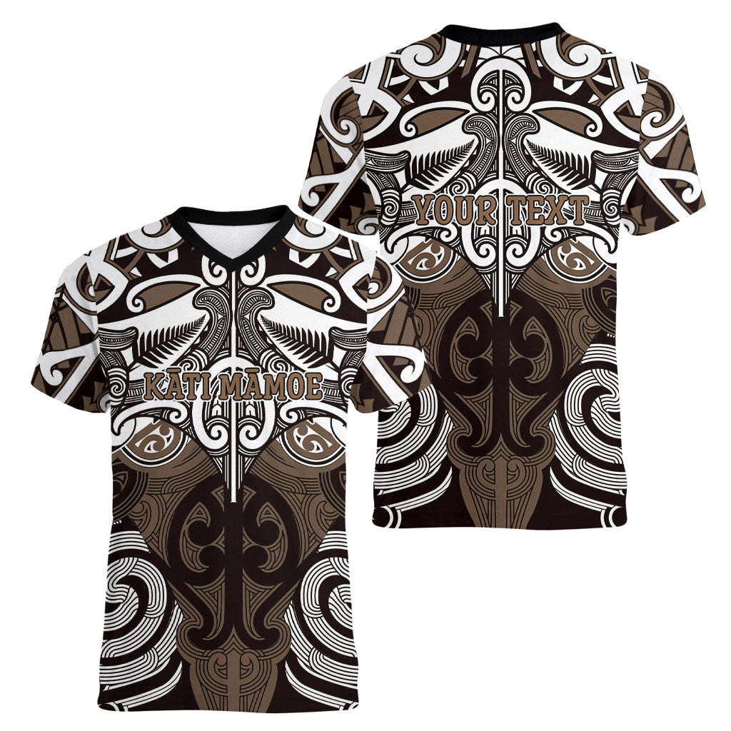 Personalised Maori Kati Mamoe Women V-Neck T-Shirt Silver Fern Kowhaiwhai Art