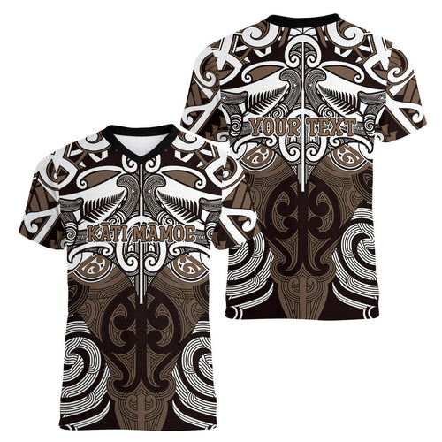 Personalised Maori Kati Mamoe Women V-Neck T-Shirt Silver Fern Kowhaiwhai Art