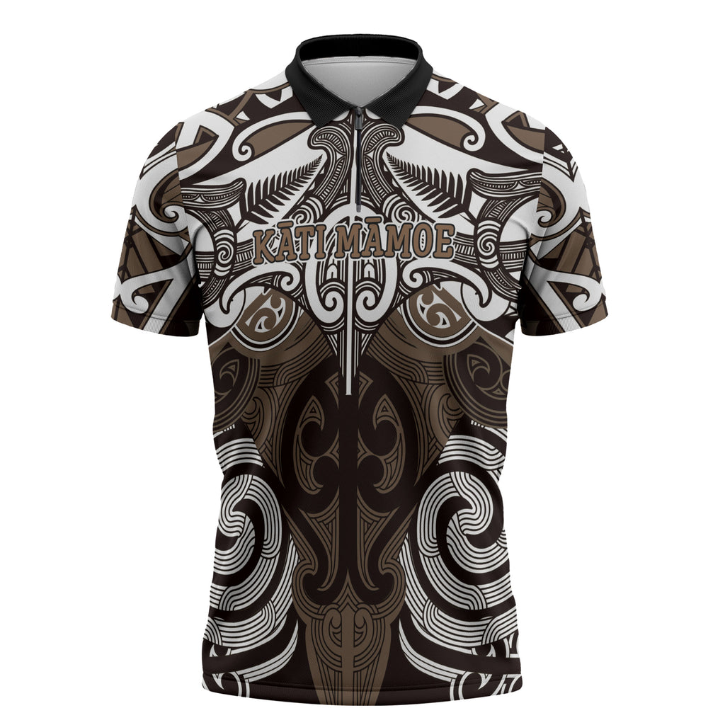 Personalised Maori Kati Mamoe Zipper Polo Shirt Silver Fern Kowhaiwhai Art