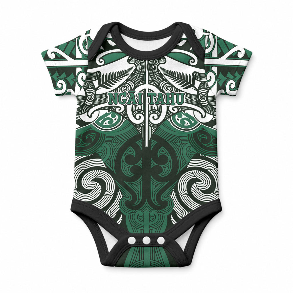 Personalised Maori Ngai Tahu Baby Onesie Silver Fern Kowhaiwhai Art