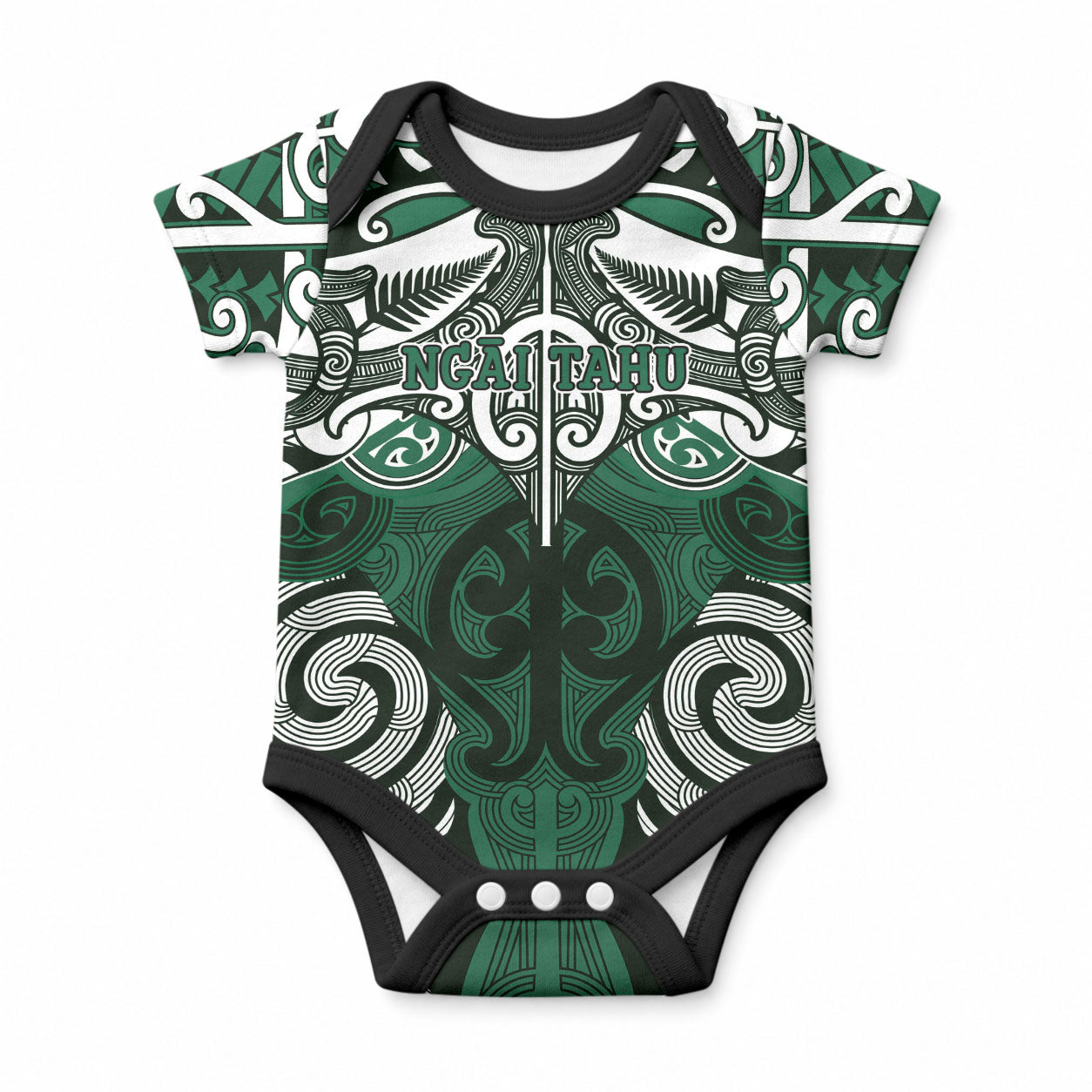 Personalised Maori Ngai Tahu Baby Onesie Silver Fern Kowhaiwhai Art
