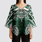 Personalised Maori Ngai Tahu Kimono Sleeve Blouse Silver Fern Kowhaiwhai Art