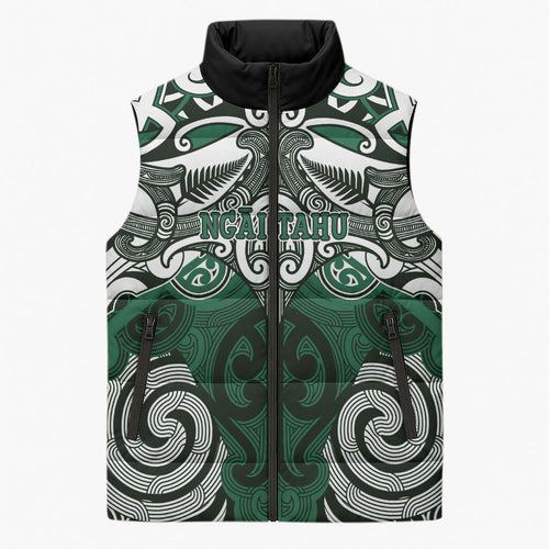 Personalised Maori Ngai Tahu Sleeveless Puffer Jacket Silver Fern Kowhaiwhai Art
