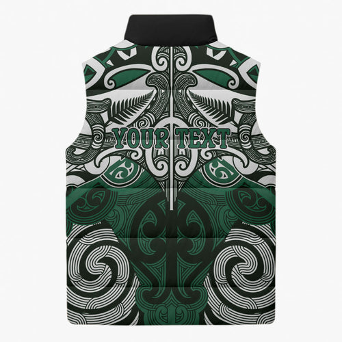 Personalised Maori Ngai Tahu Sleeveless Puffer Jacket Silver Fern Kowhaiwhai Art