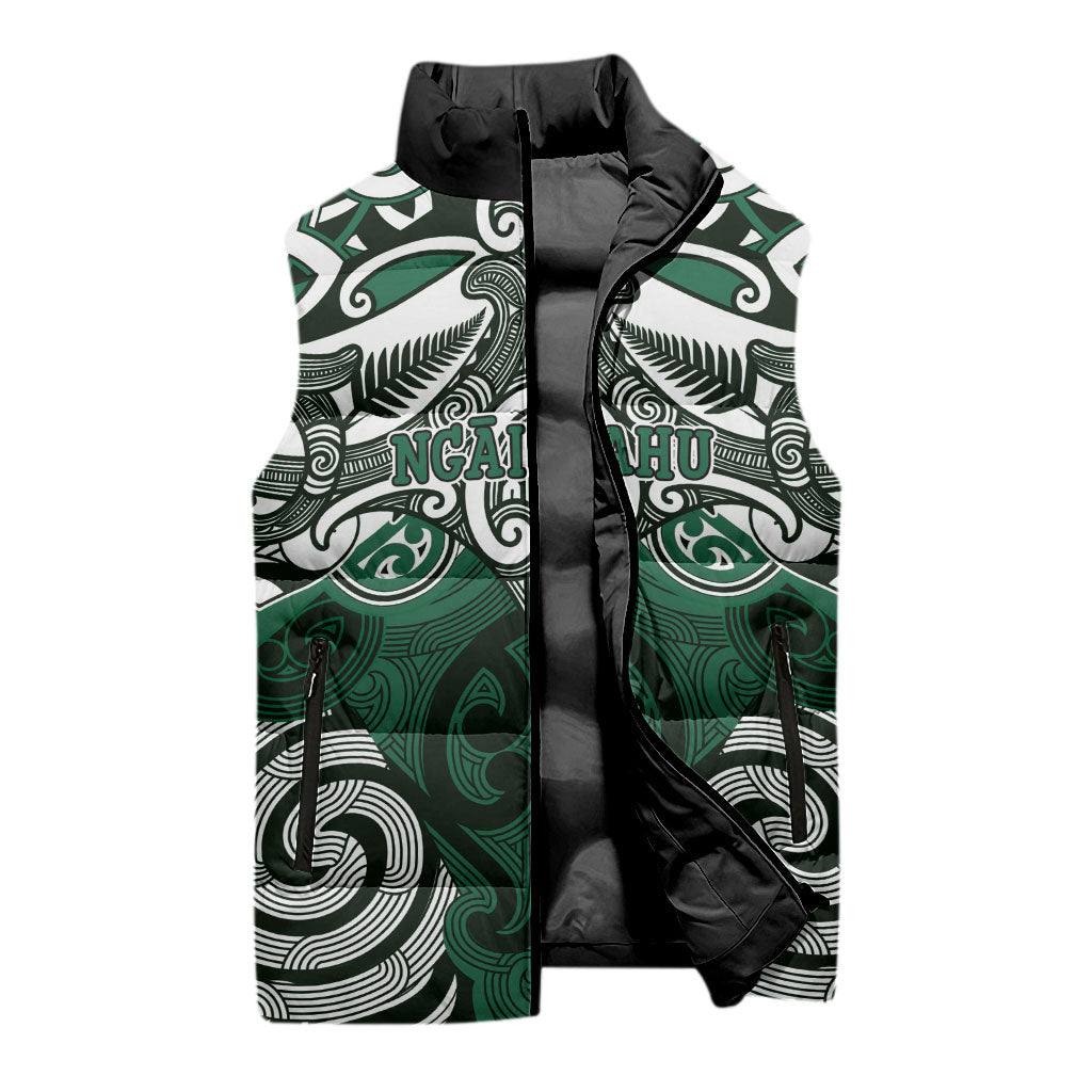 Personalised Maori Ngai Tahu Sleeveless Puffer Jacket Silver Fern Kowhaiwhai Art