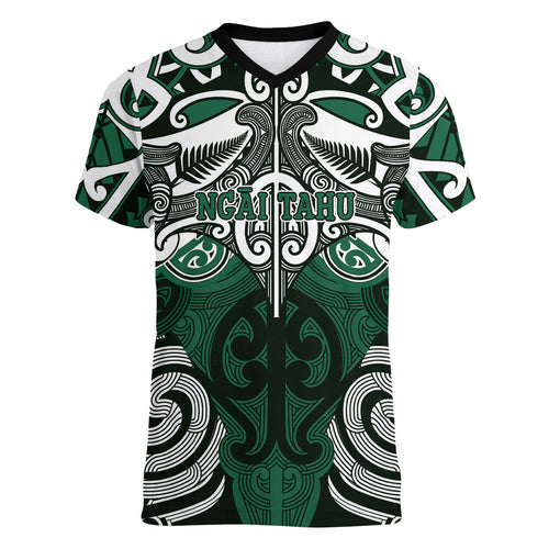 Personalised Maori Ngai Tahu Women V-Neck T-Shirt Silver Fern Kowhaiwhai Art
