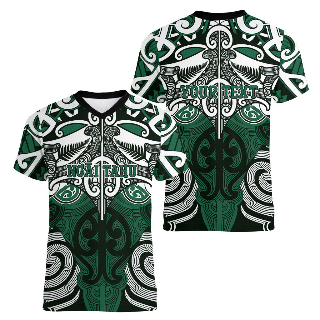Personalised Maori Ngai Tahu Women V-Neck T-Shirt Silver Fern Kowhaiwhai Art